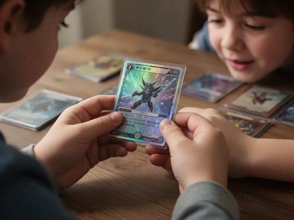 Child's hands holding a holographic collectible card with expression of pride and wonder during trading session