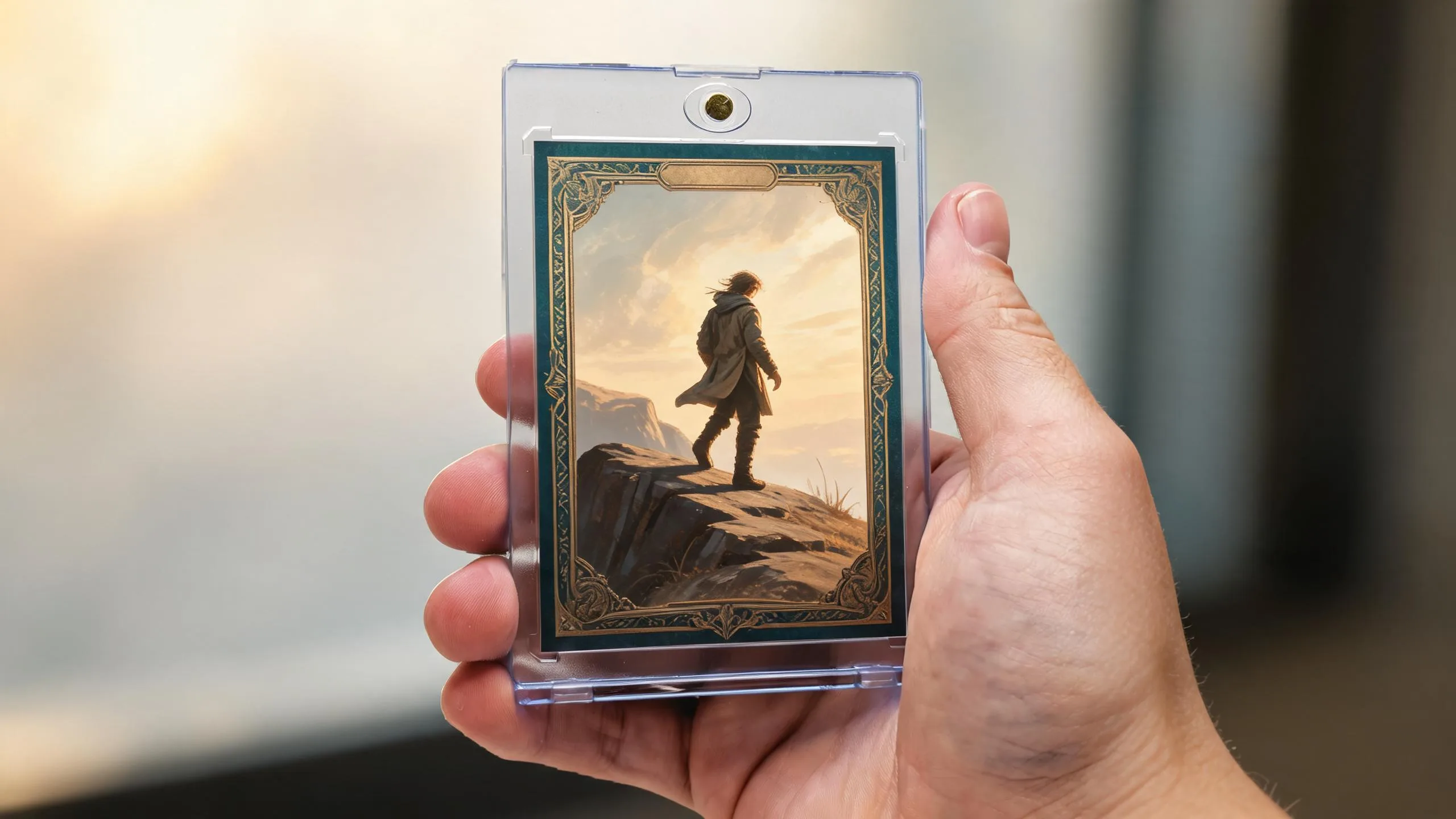 Hand holding pokemon card blank template style magnetic case with framed illustrated traveler card.