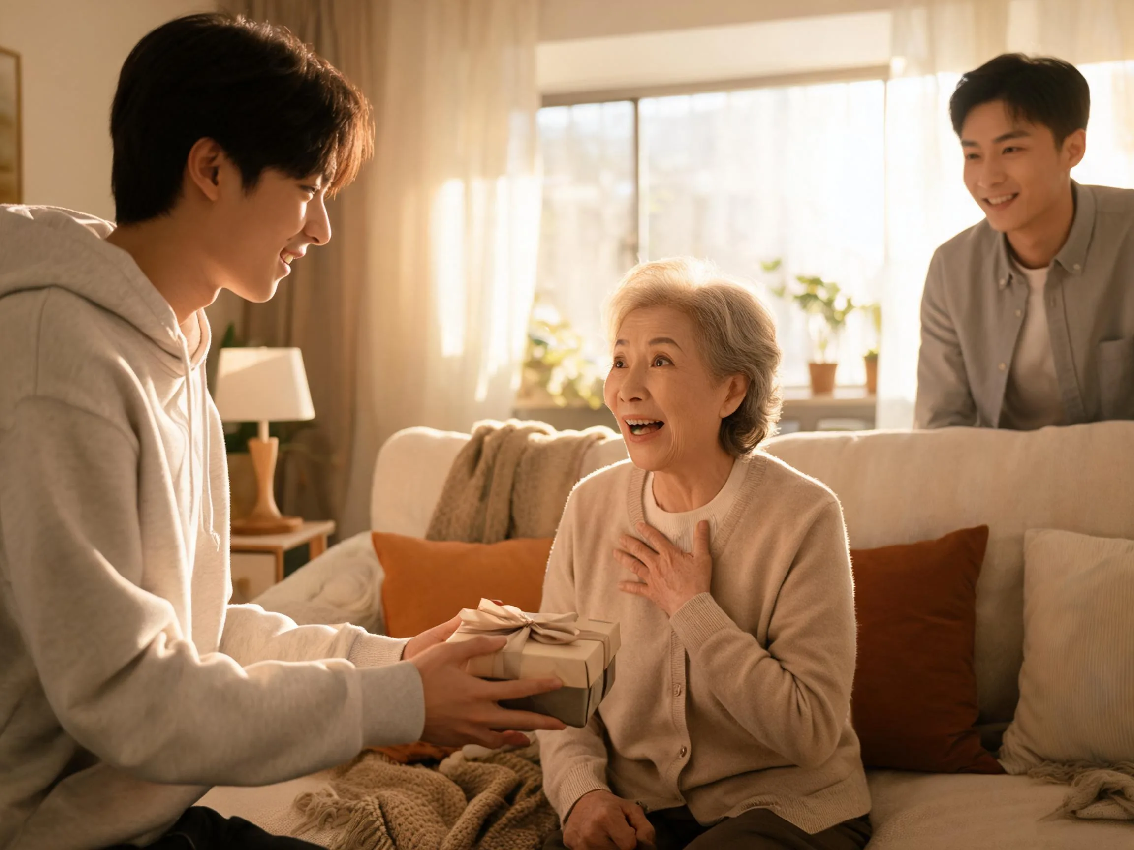 Grandmother reacts with genuine surprise receiving an unexpected gift in warm light.