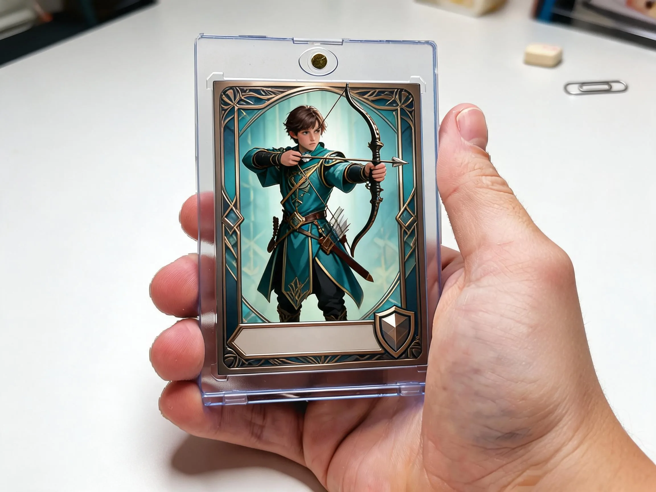 Custom keepsake trading card with archer artwork displayed in magnetic protective case.
