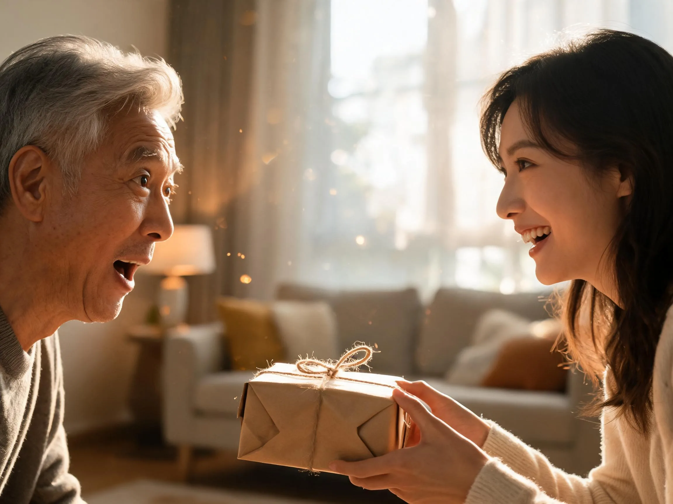 Man reacts with genuine surprise receiving an unexpected gift in warm natural light.