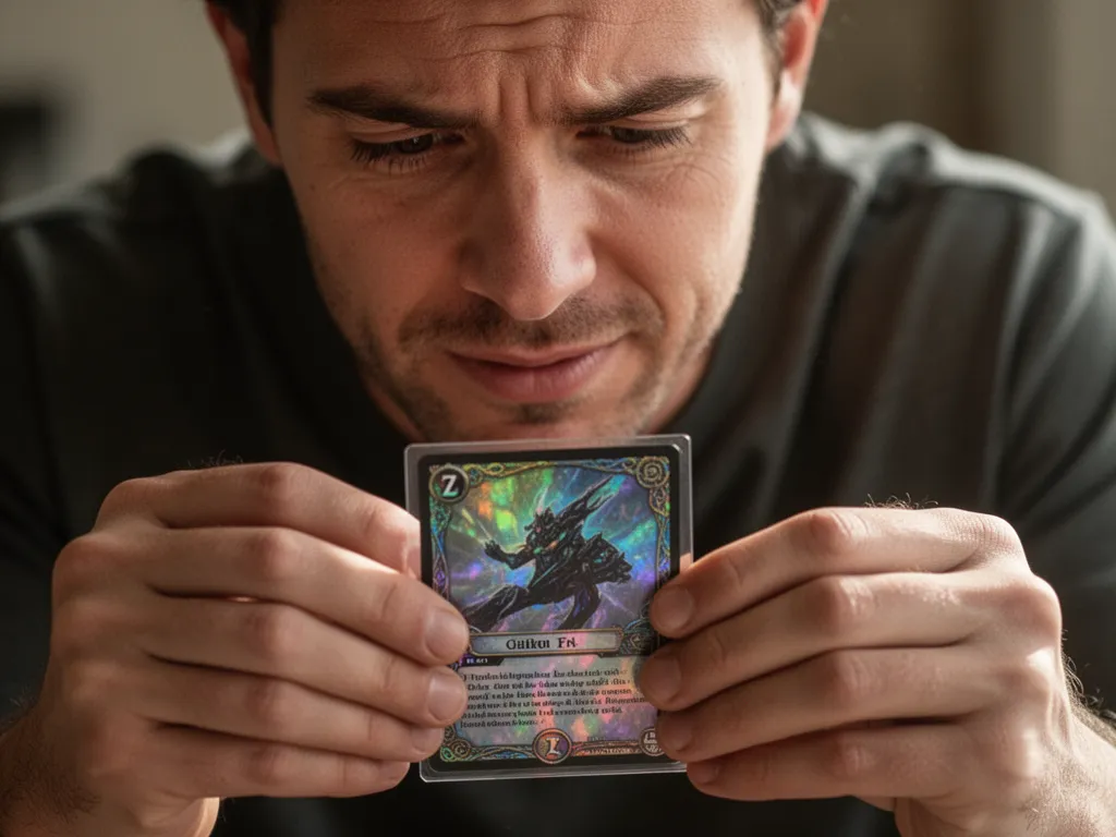 Collector's hands closely examining a holographic trading card with focused expression and appreciation