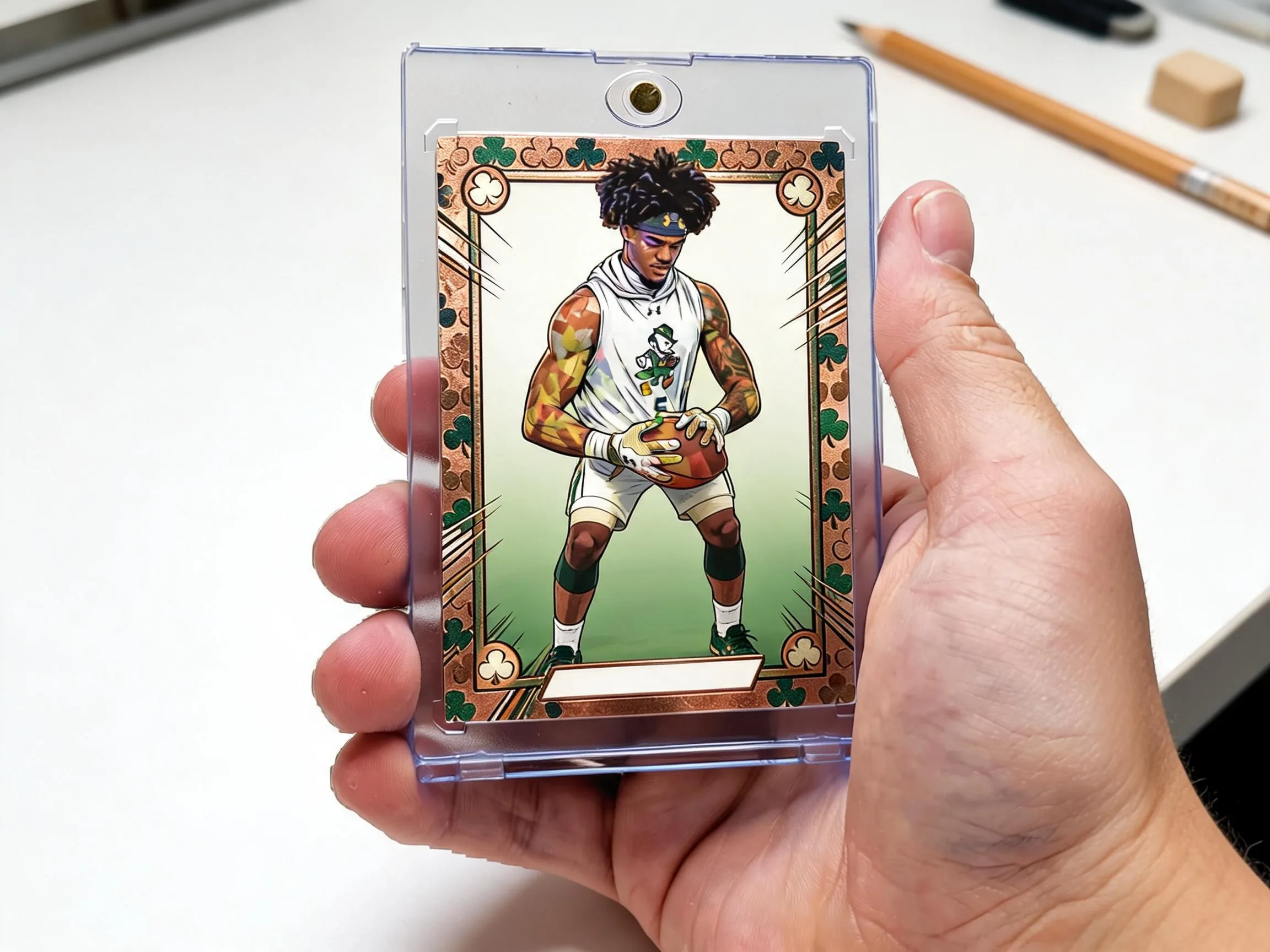 Custom keepsake trading card in magnetic case displayed on white tabletop with soft shadows.