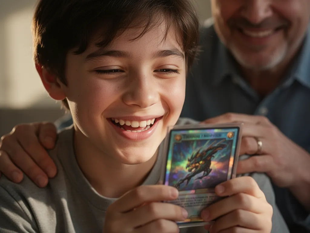 [Child beaming with pride while holding a special holographic card with parent's supportive hand visible]