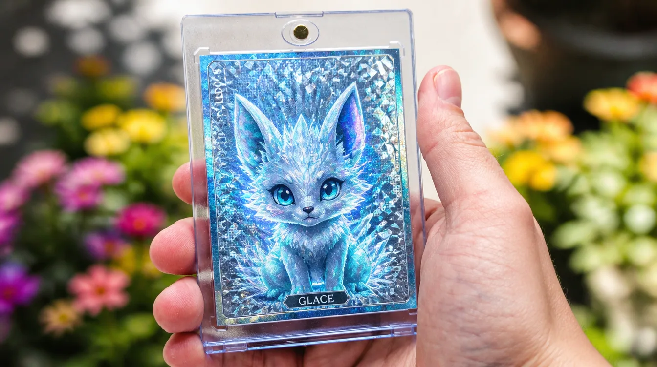Card from a custom Pokemon-style creature creator in a magnetic display case