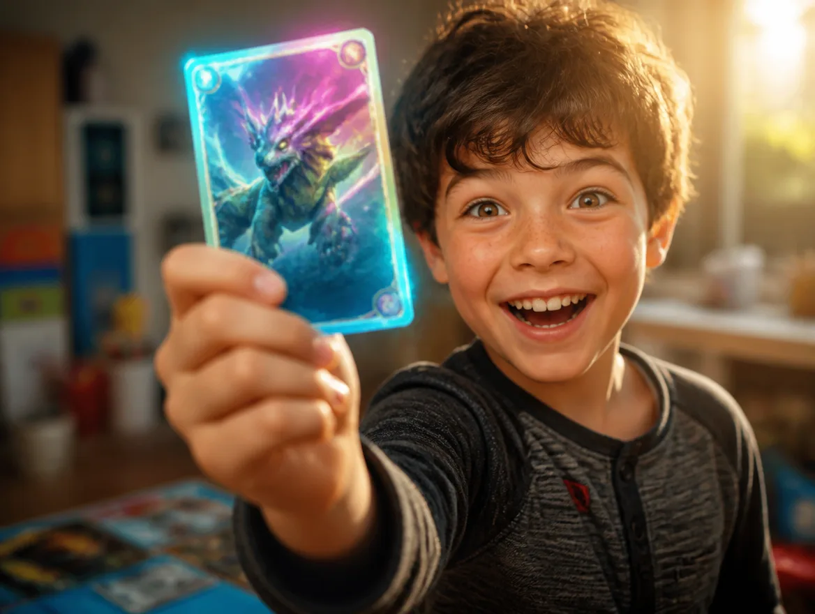 Excited kid holding up a glowing custom creature trading card