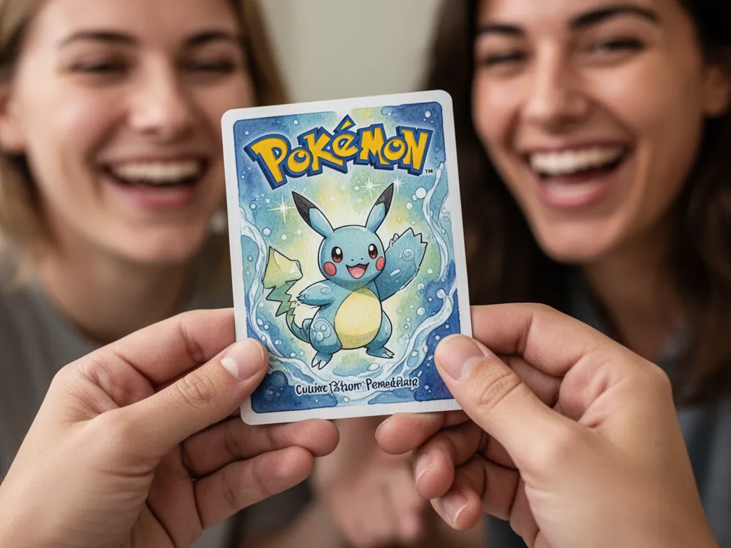 Hands proudly displaying a completed custom Pokemon card design with someone smiling in the background