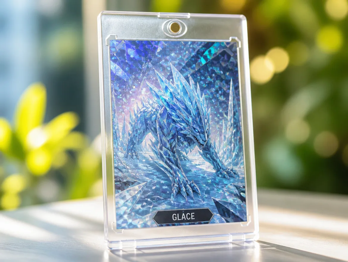 Custom creature trading card standing upright in a clear magnetic case
