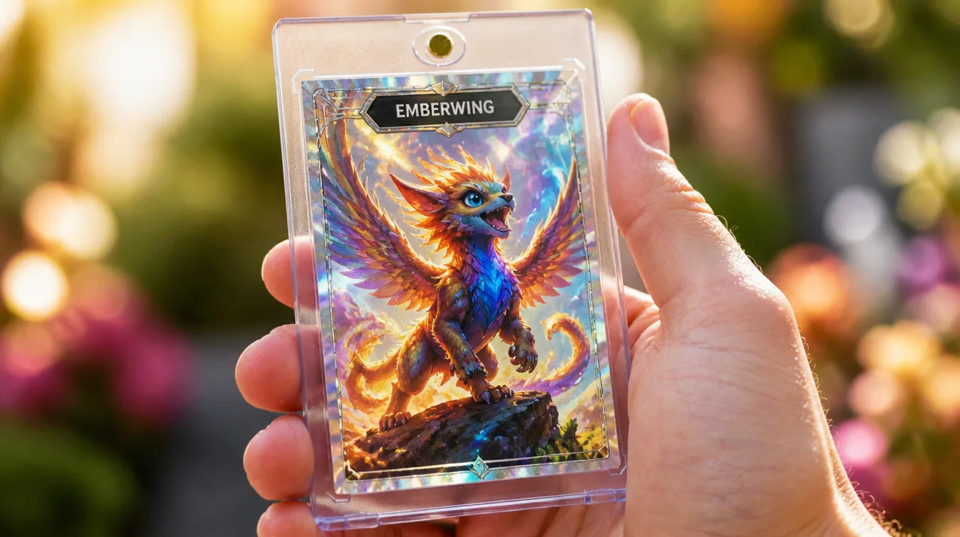 Holographic card from a custom Pokemon-style creature generator in a magnetic case