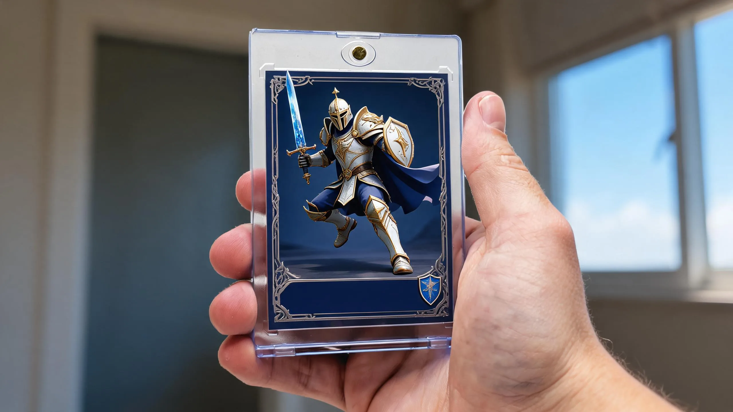 Hand holding pokemon card generator result, a painted warrior card in a clear magnetic case.