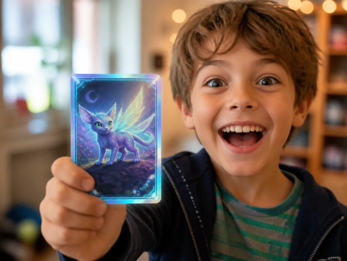 Excited kid holding up a glowing custom creature trading card