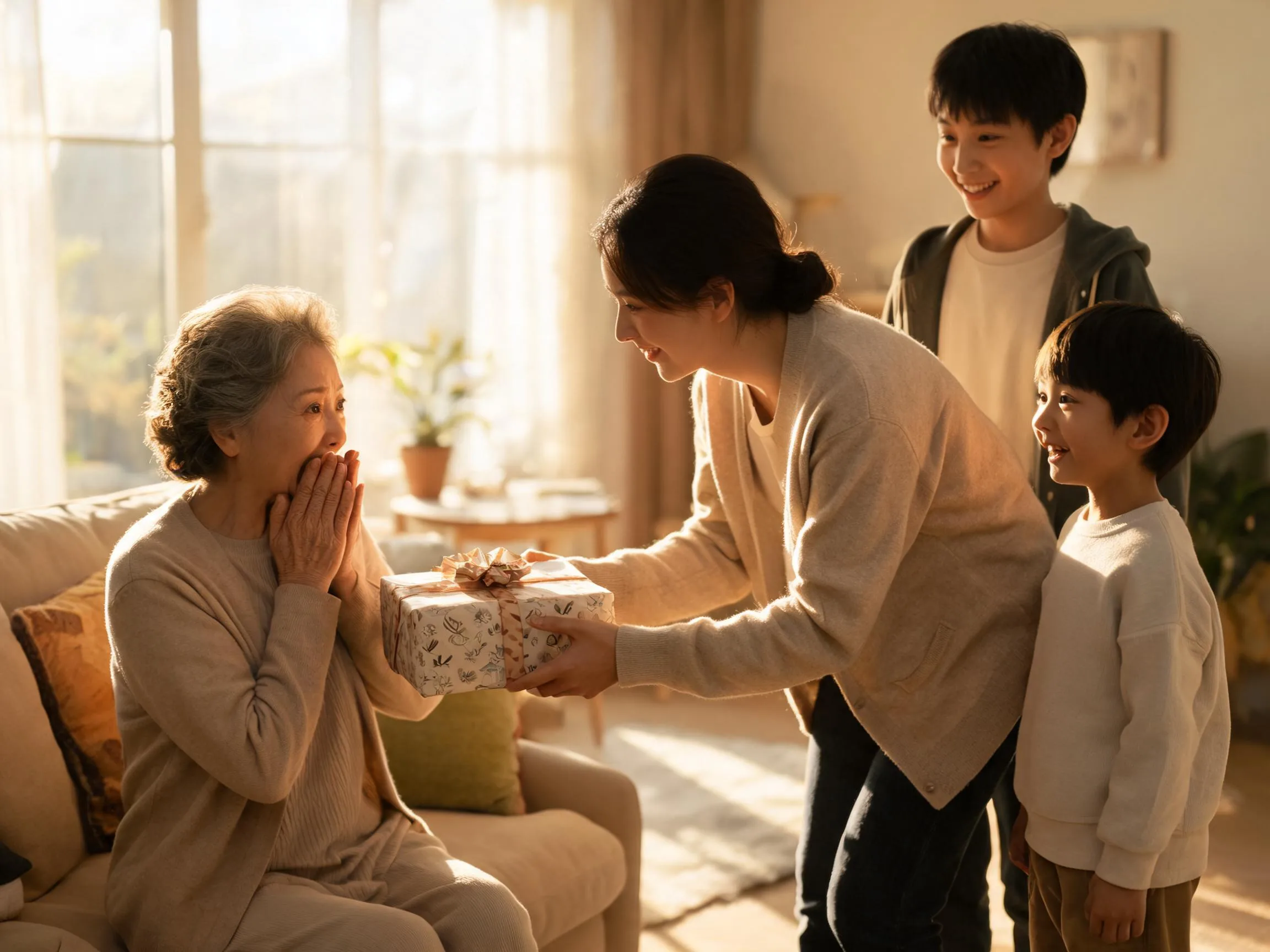 Older woman reacting with joyful surprise to an unexpected gift from family.