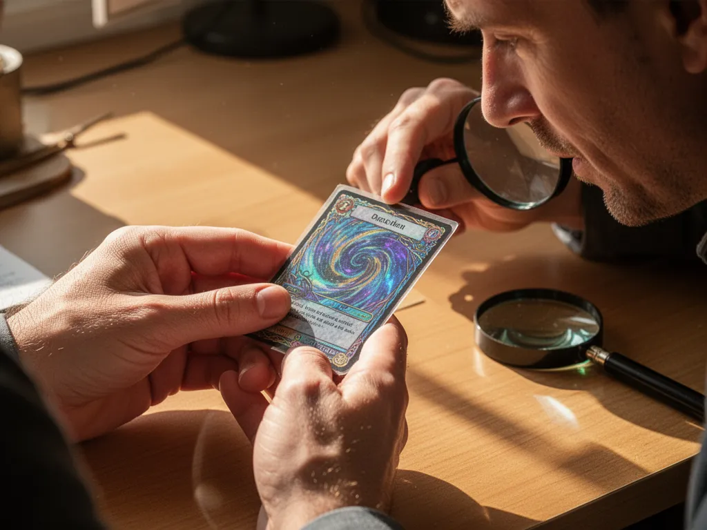 Hands examine holographic card detail with magnifying glass under warm natural light indoors