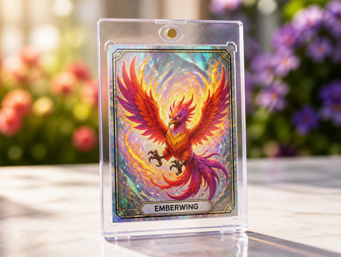 Custom creature trading card standing upright in a clear magnetic case