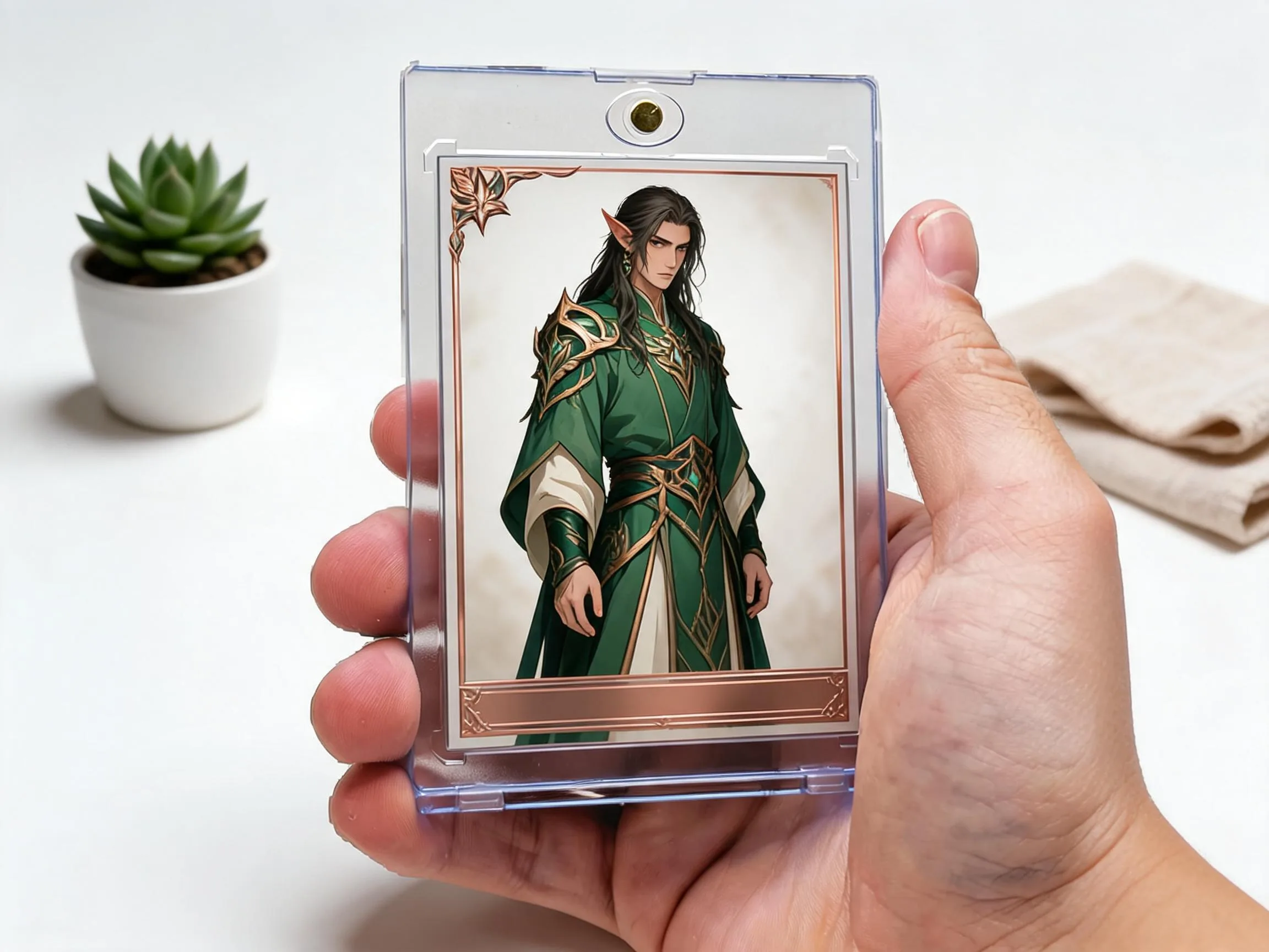 Custom keepsake trading card with forest guardian art displayed in magnetic case.