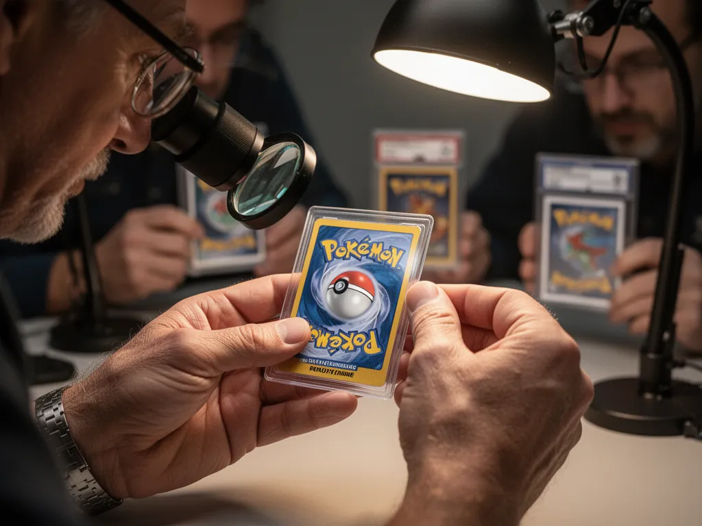 Grader's hands carefully inspecting a pokemon card through magnification showing professional authentication detail work