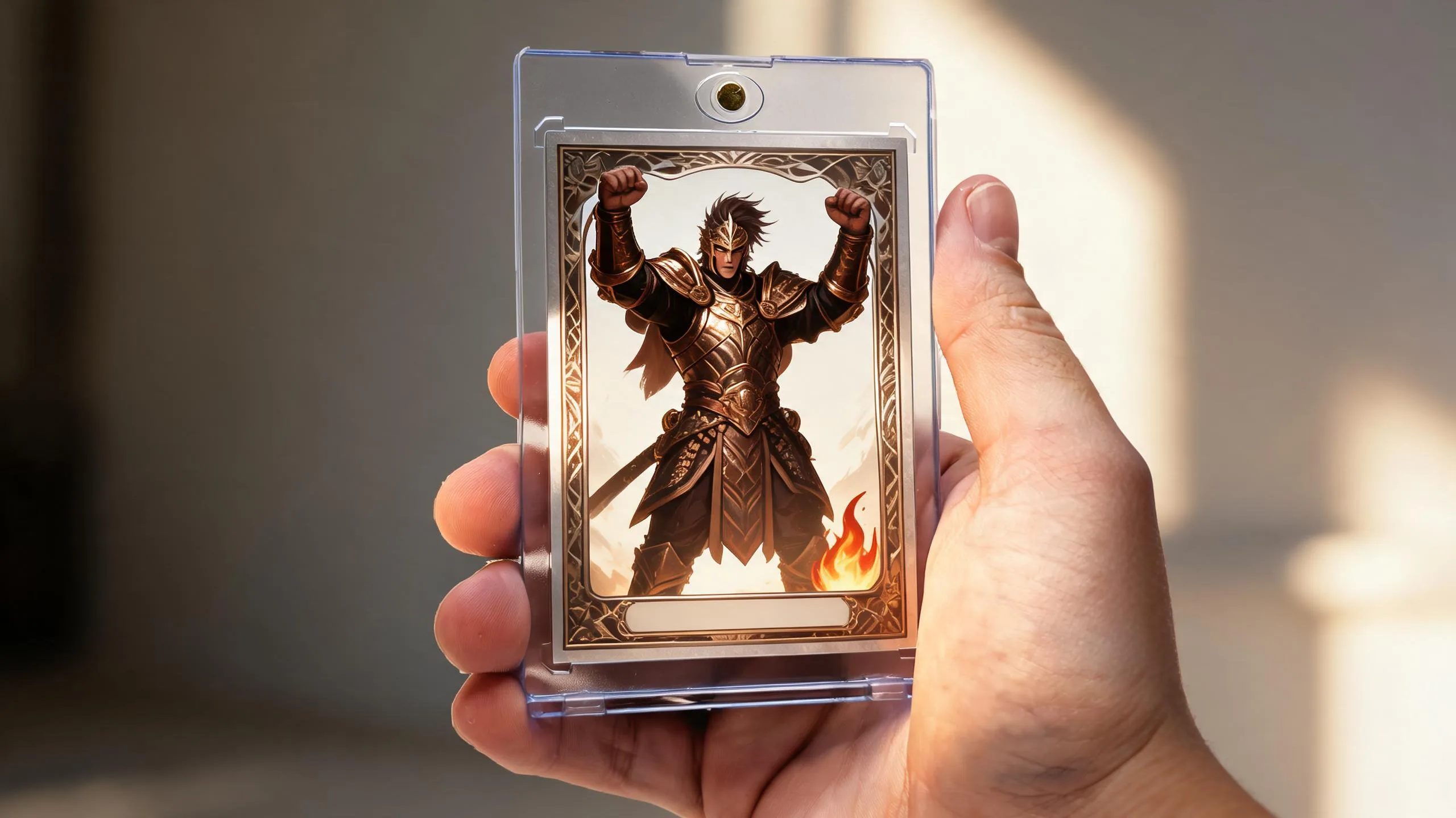 Hand holding magnetic case with illustrated warrior card, showcasing pokemon card grading companies presentation quality.