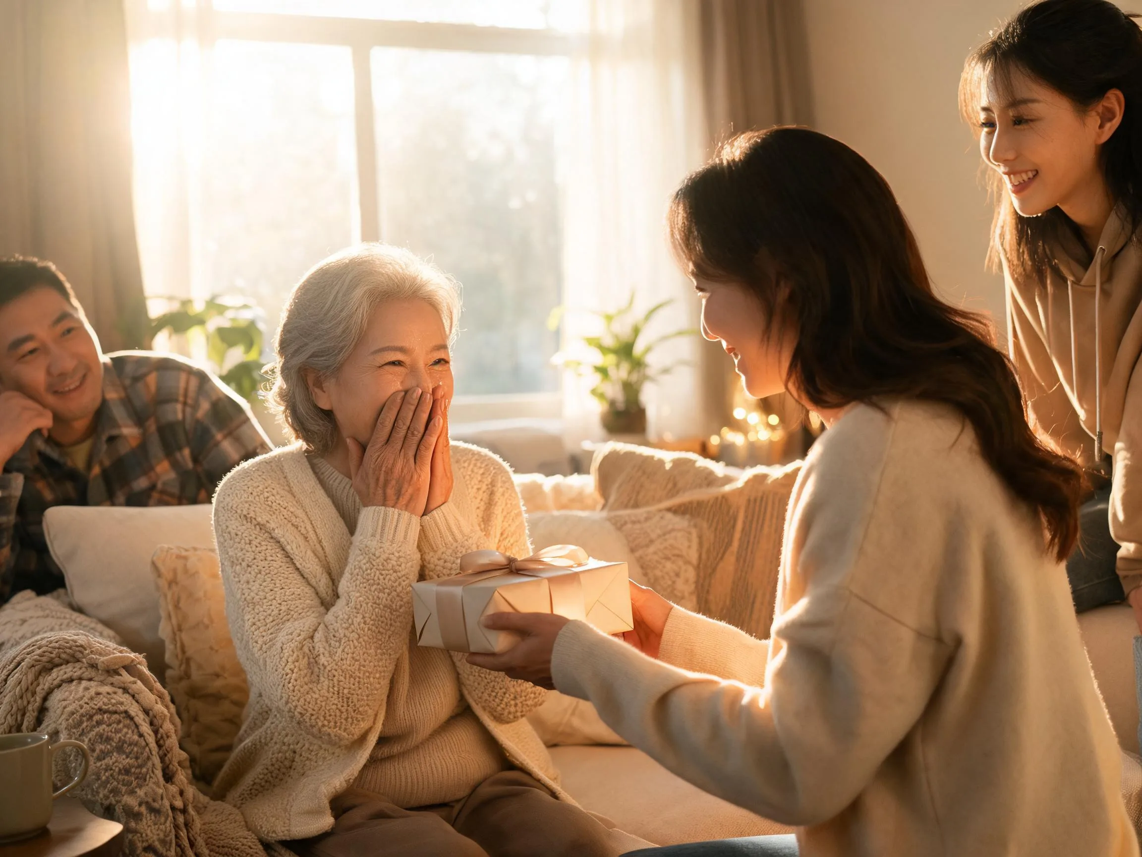 Woman reacting with surprised joy while receiving an unexpected gift from family member.