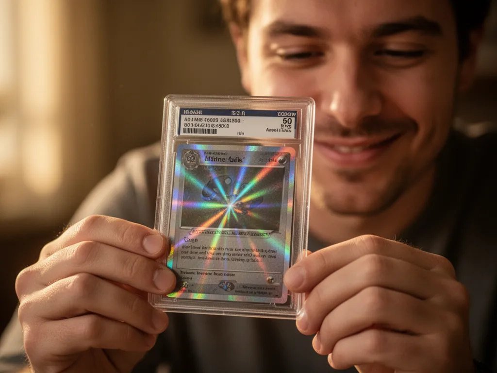 [Collector's hands proudly displaying professionally graded card in protective grading case with joy]
