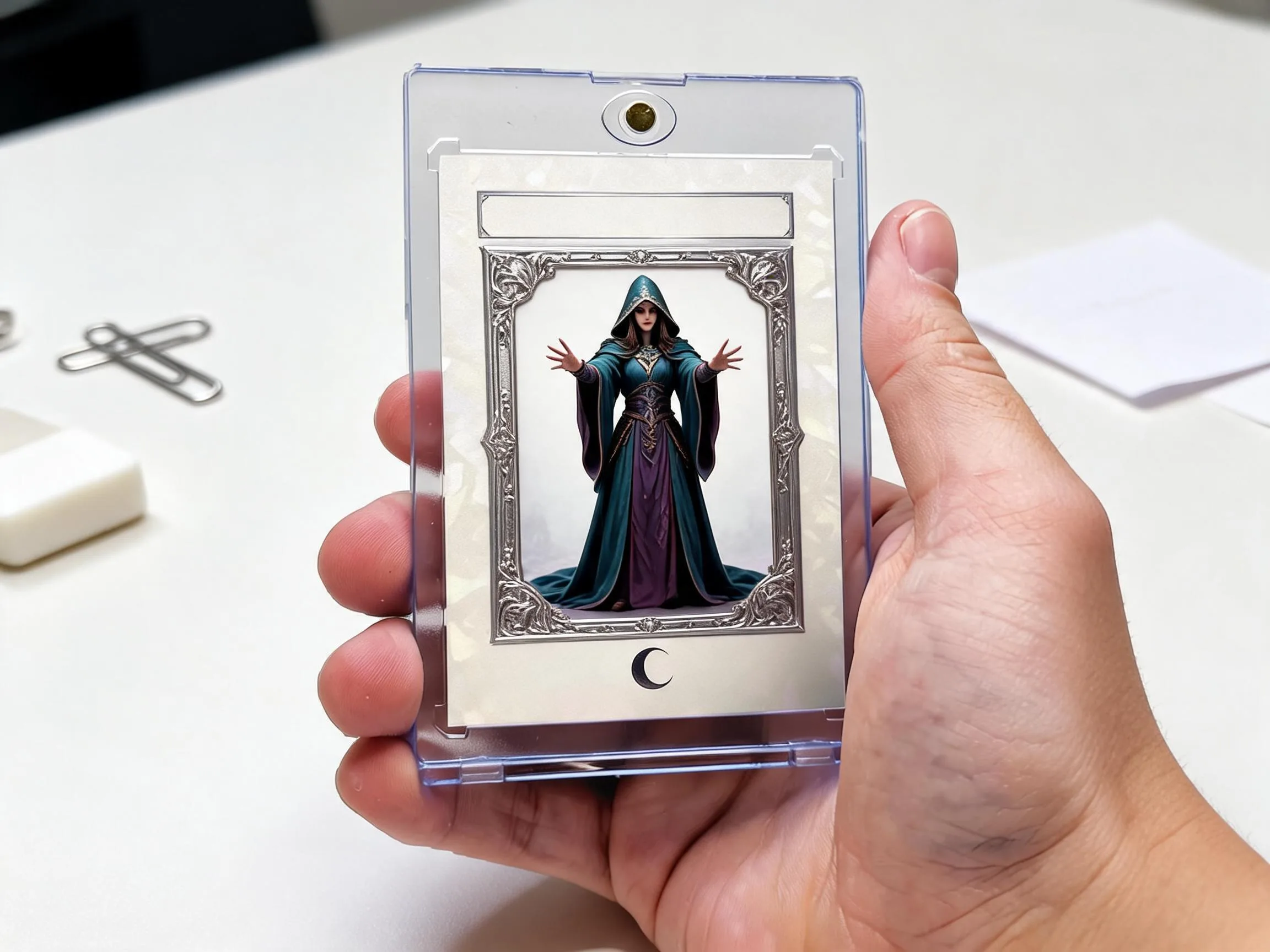 Custom keepsake trading card in magnetic case displayed on white tabletop surface.