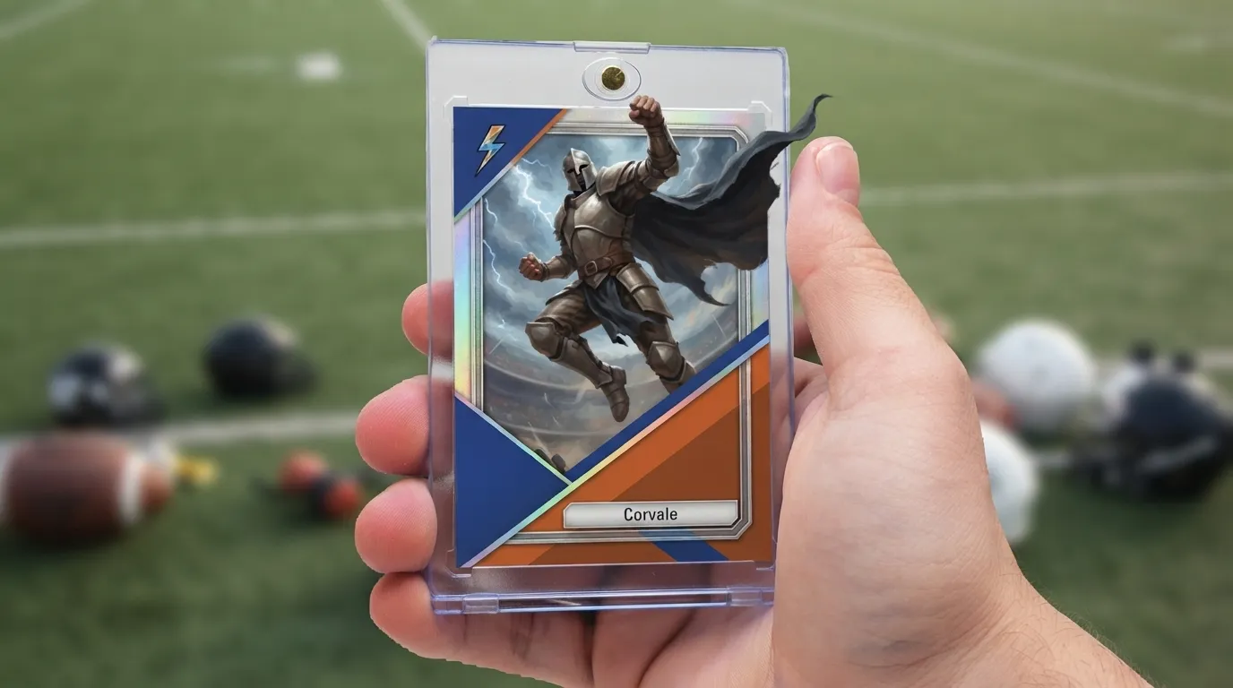 Custom printed trading card on premium card stock shown beside a free magnetic case on a wooden table