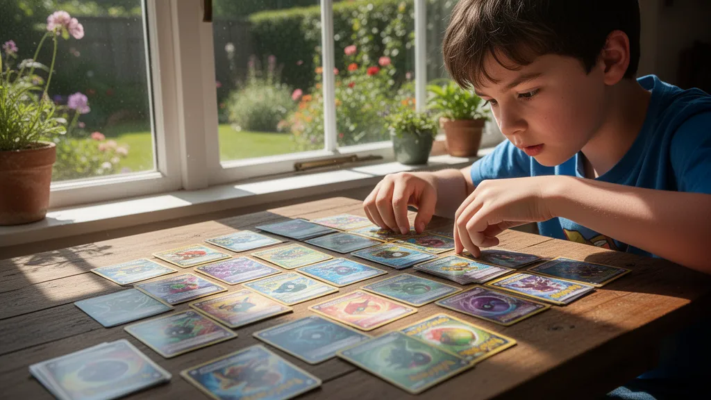 Collector's hands organizing colorful trading cards on wooden table with natural sunlight