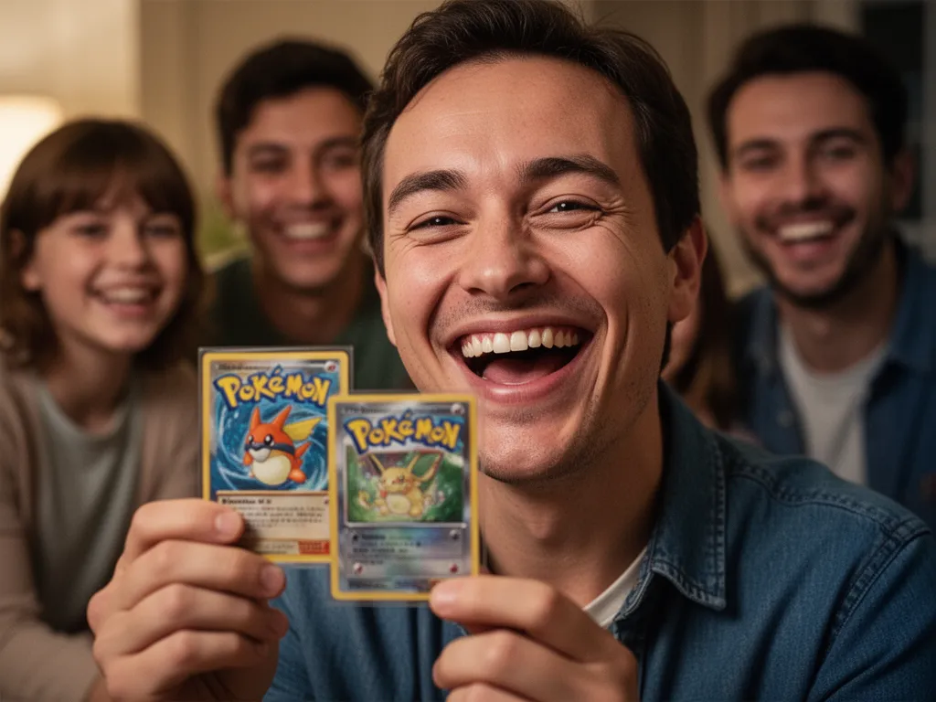 Young collector's excited expression holding prized pokemon card with family celebrating nearby