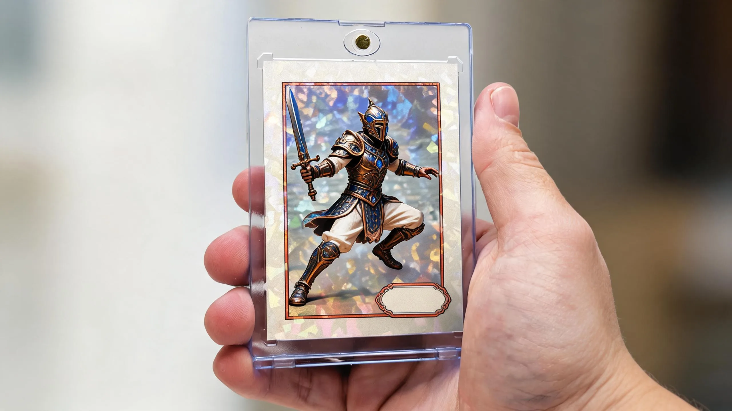 Hand holding a magnetic case with a holographic pokemon card printer full-art trading card.