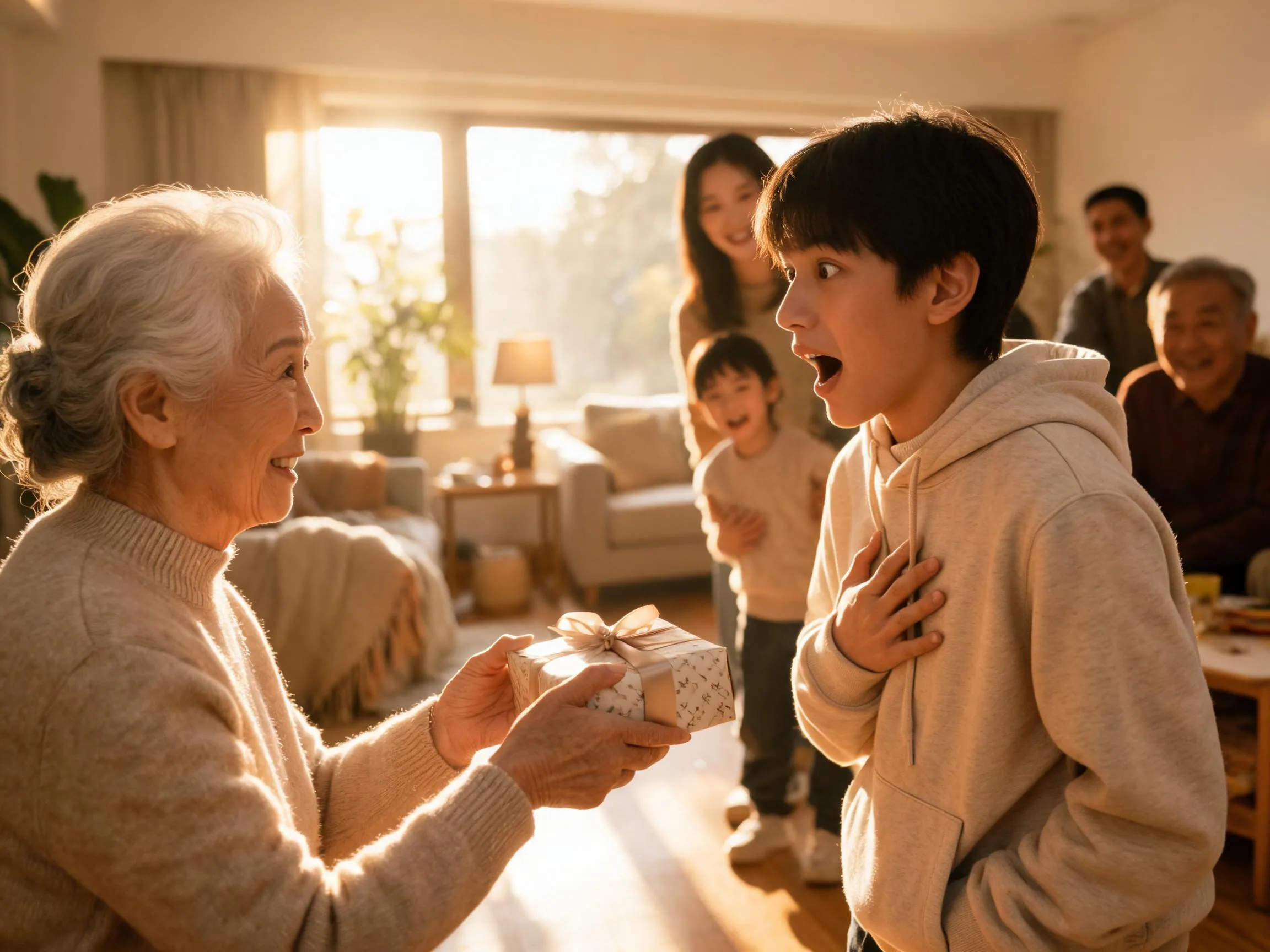 Teenager reacts with joyful surprise receiving an unexpected gift from grandmother indoors.