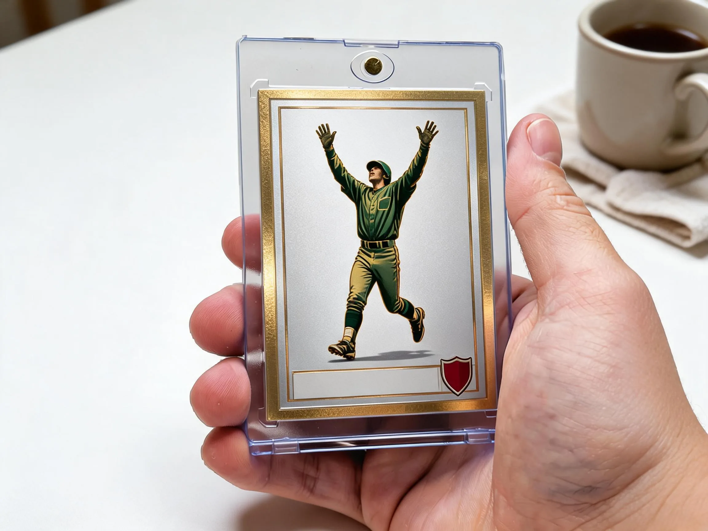 Custom keepsake trading card in a magnetic case displayed on a white tabletop.