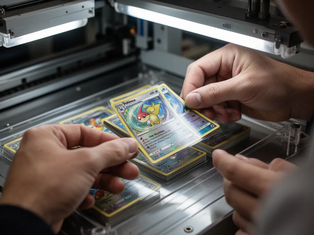 [Worker inspecting freshly printed pokemon trading cards for quality assurance and defects]