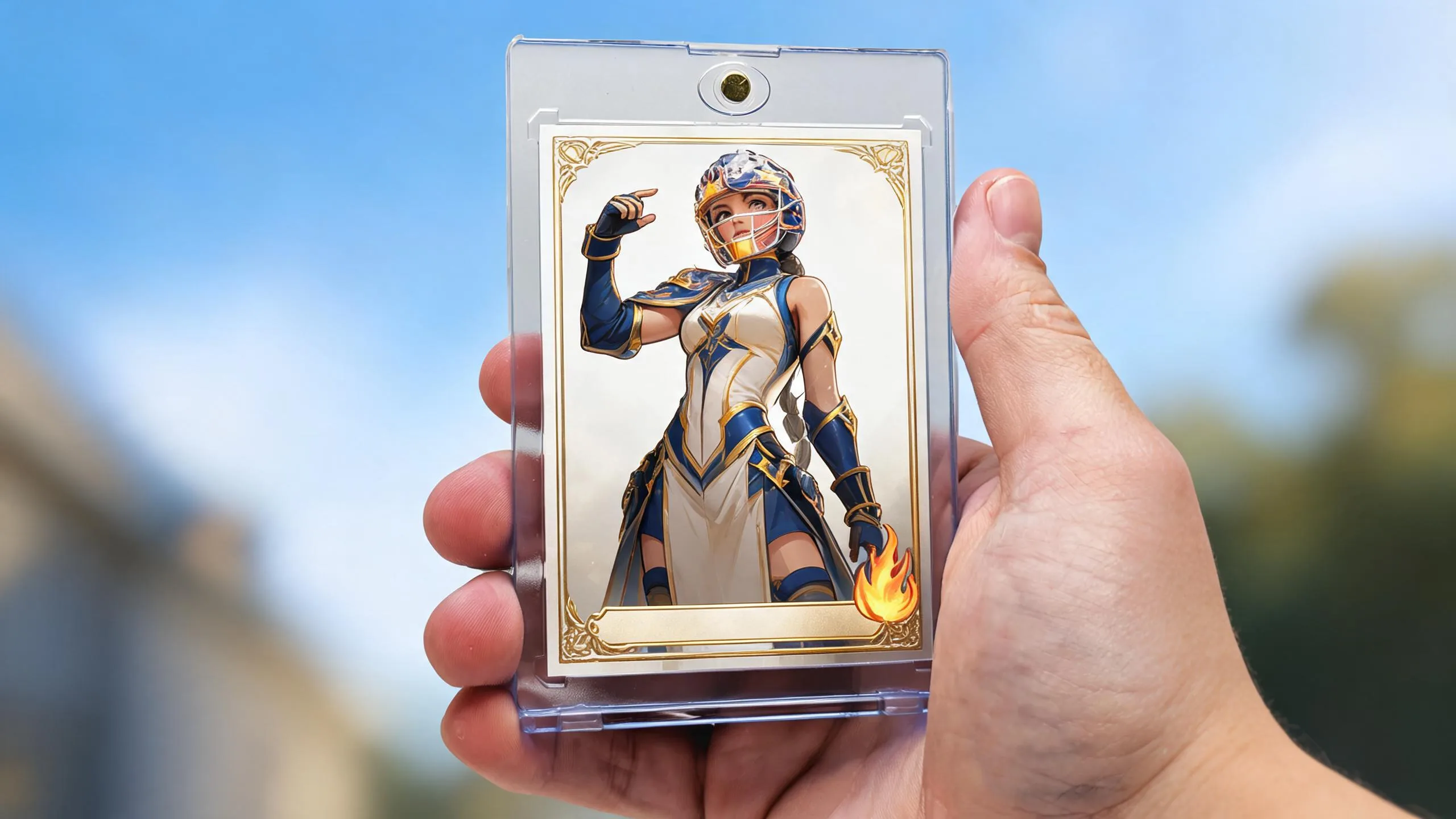 Hand holding a pokemon card size template acrylic magnetic case with painted full-art character card.