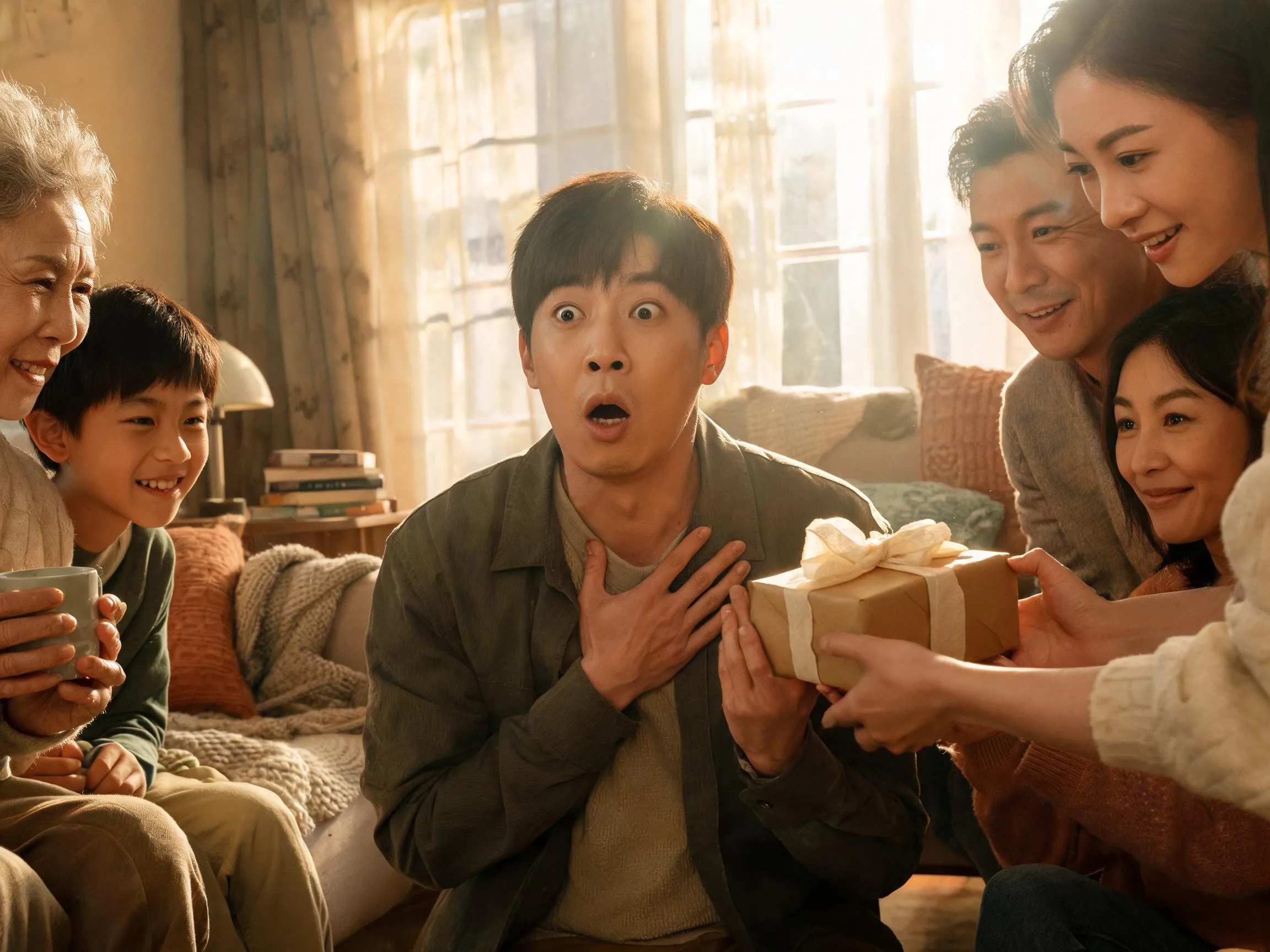 Person reacting with genuine surprise while receiving an unexpected gift indoors.