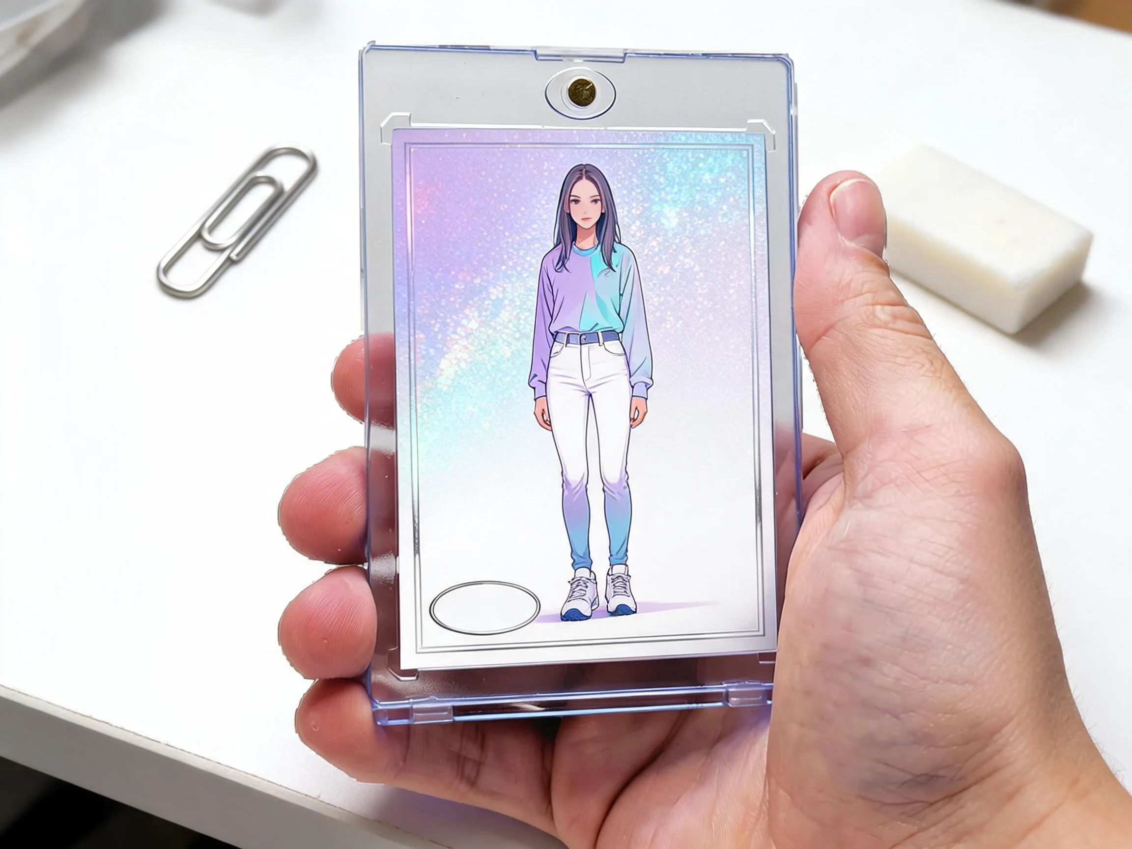 Custom keepsake trading card with holographic art displayed in a clear magnetic case.