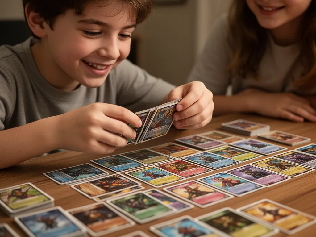 Young collector carefully examines trading cards at desk with warm indoor lighting