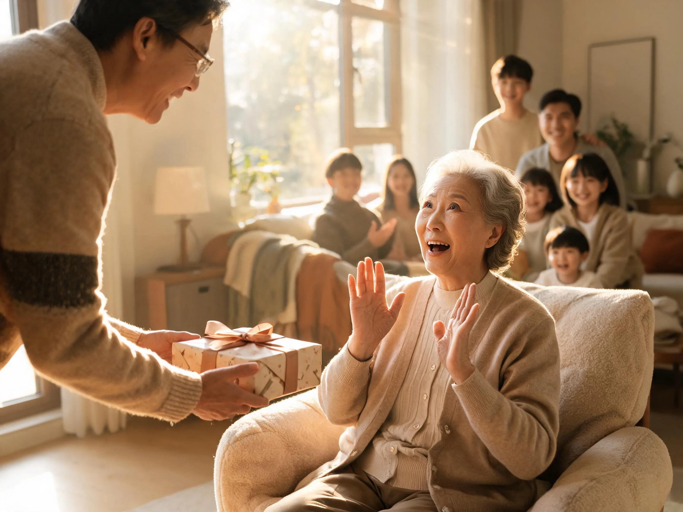 Elderly person reacting with joyful surprise to an unexpected gift indoors.
