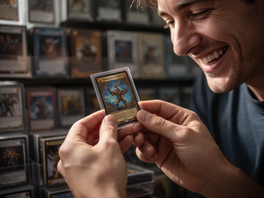 [Collector's hands holding cherished card with emotional expression showing deep connection to hobby]