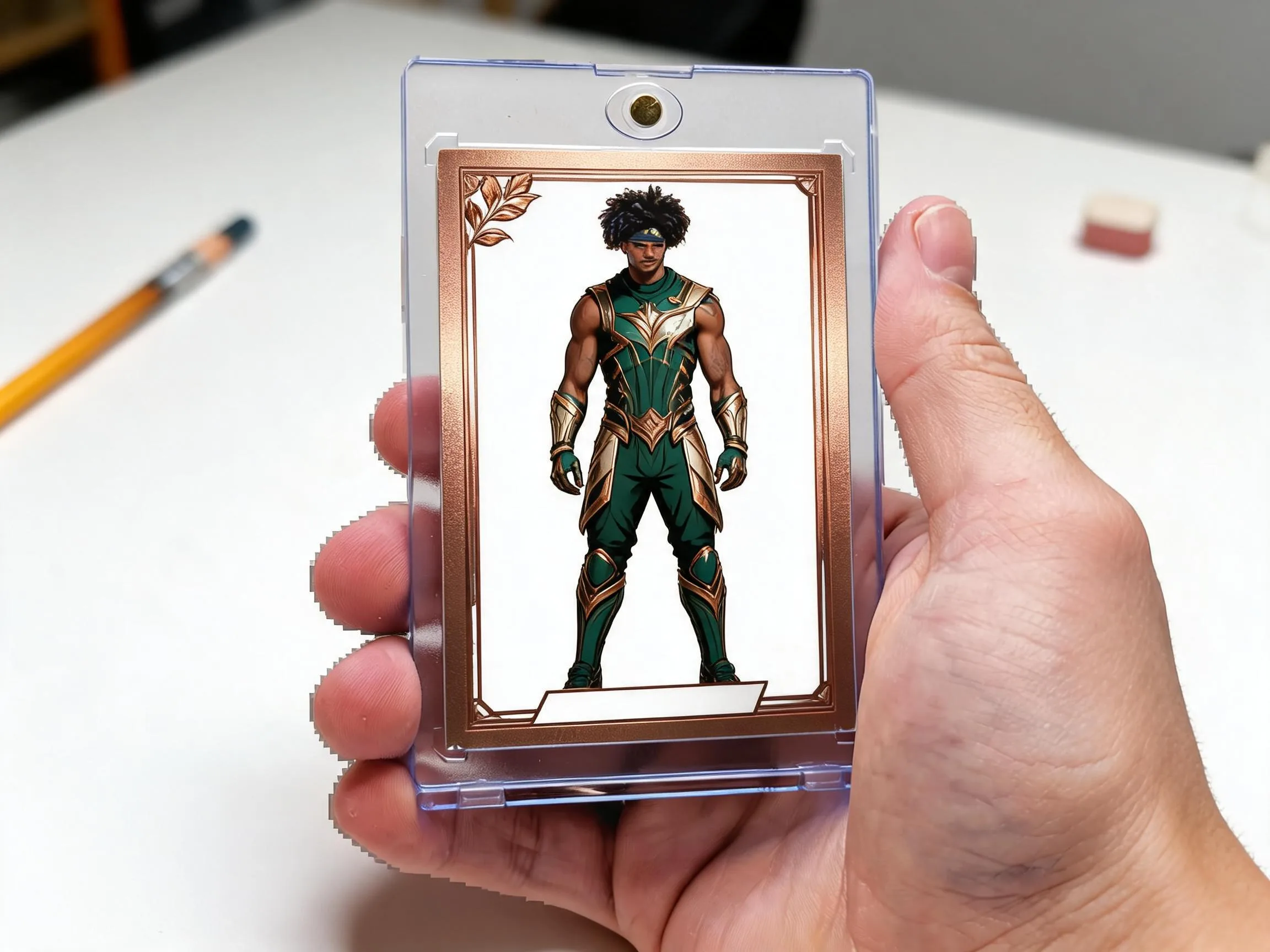 Custom keepsake trading card in magnetic case standing on white tabletop display.