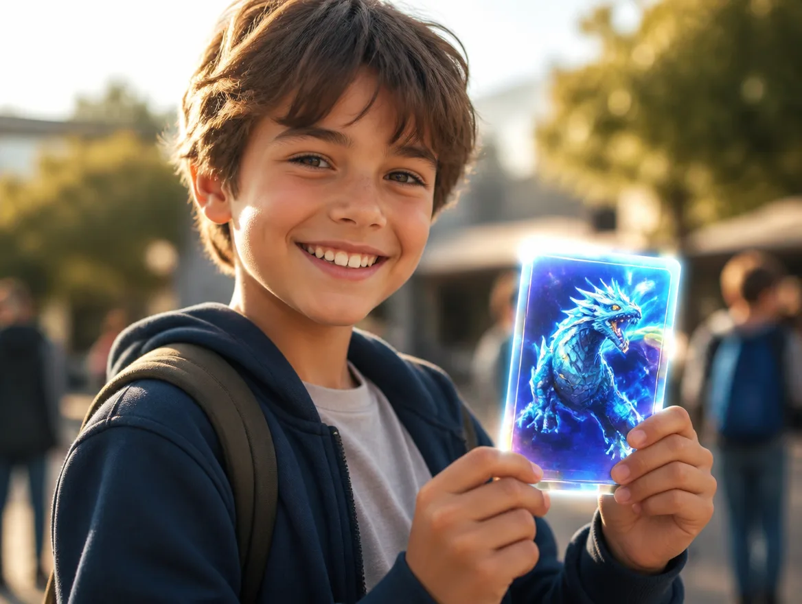 Kid holding up a glowing custom creature trading card outdoors