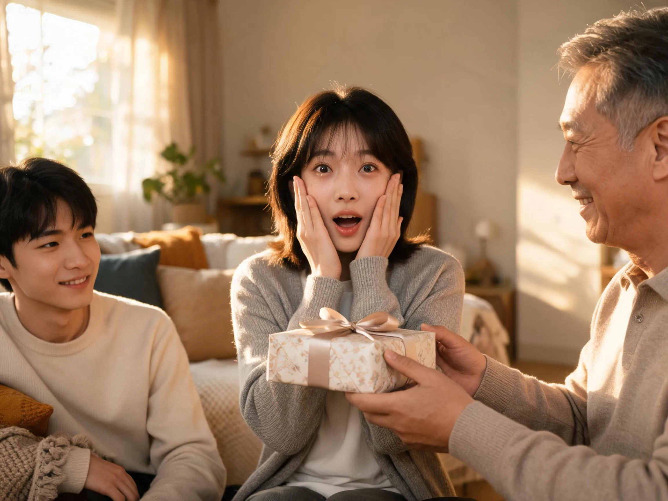 Family member reacting with surprise and joy while receiving an unexpected wrapped gift indoors.