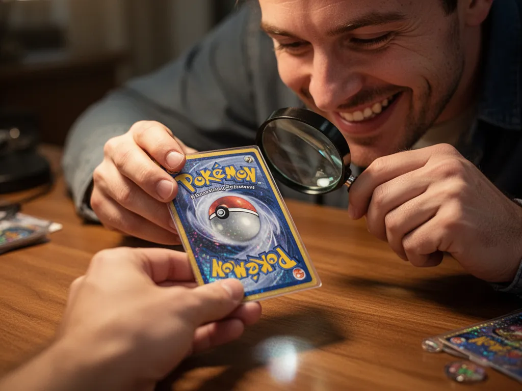 Collector's hands closely inspecting a holographic Pokémon card with magnifying glass