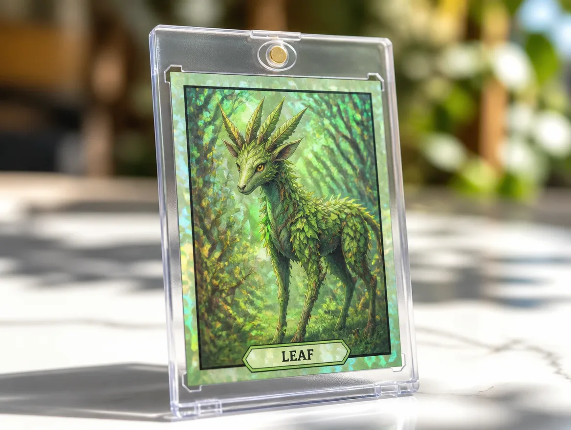 Custom creature trading card standing in a premium magnetic display case