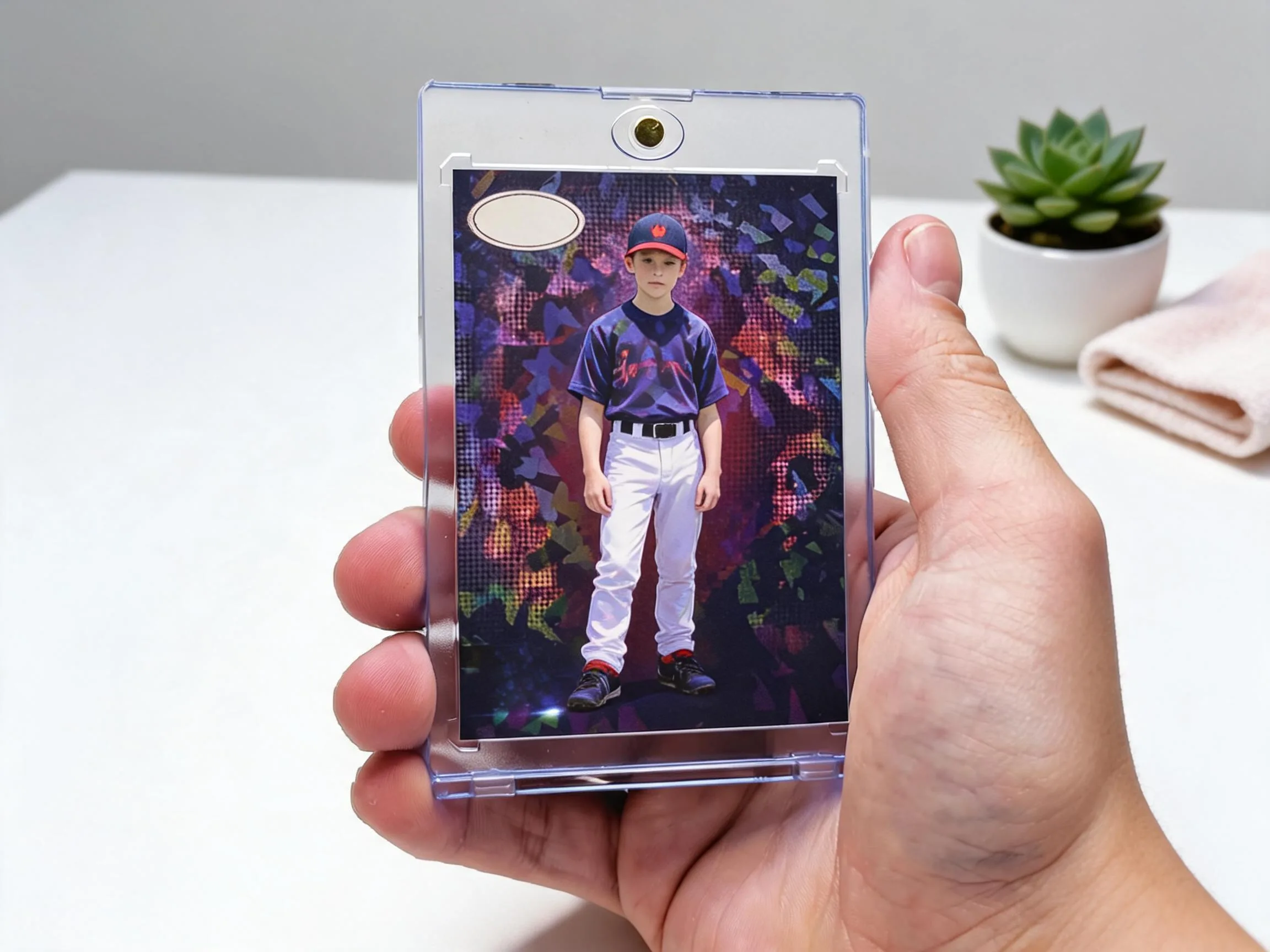 Custom keepsake trading card in magnetic case with holographic foil illustration design.