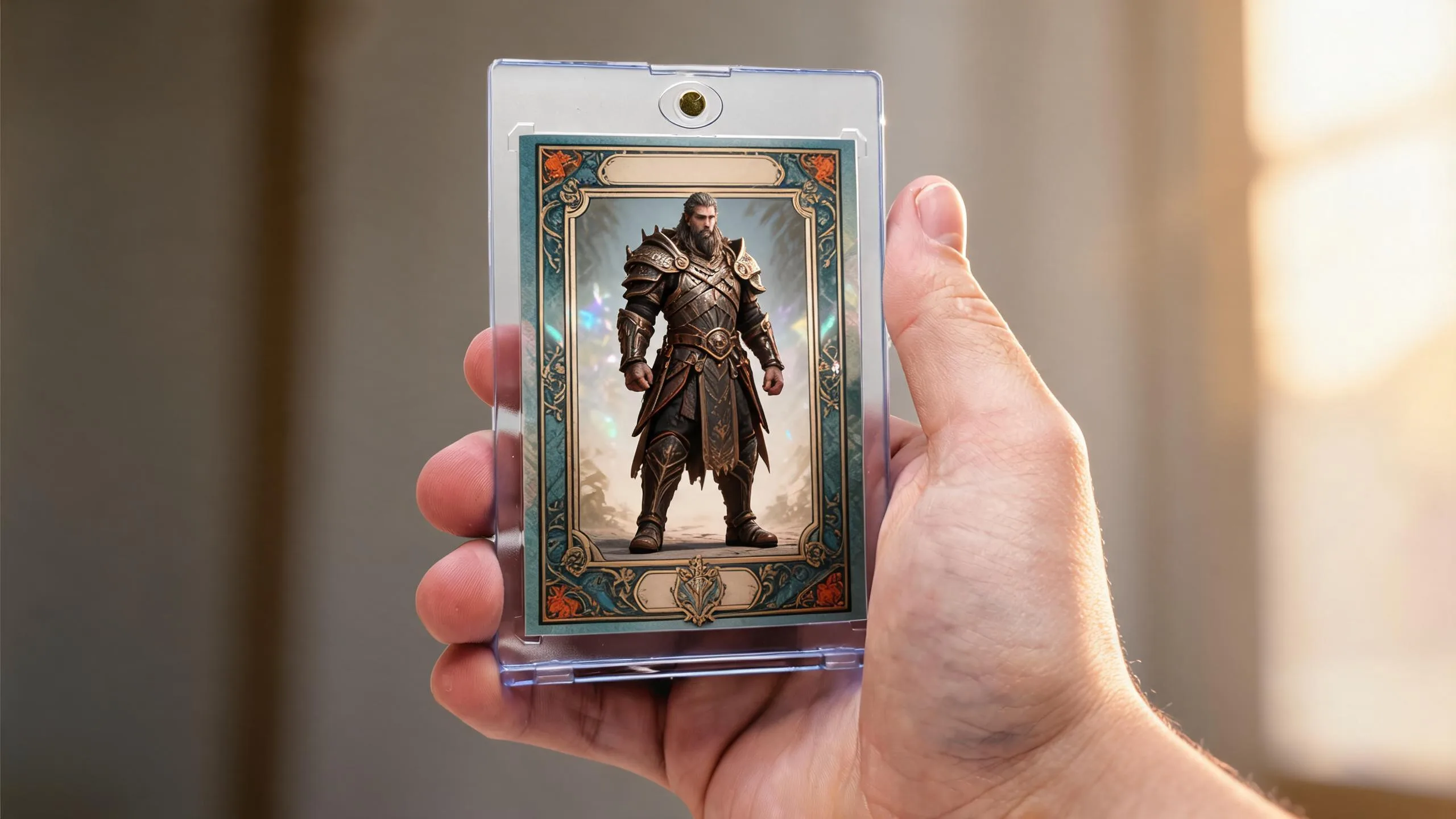 Hand holds magnetic case with illustrated warrior card, showing pokemon cards grading system standard.