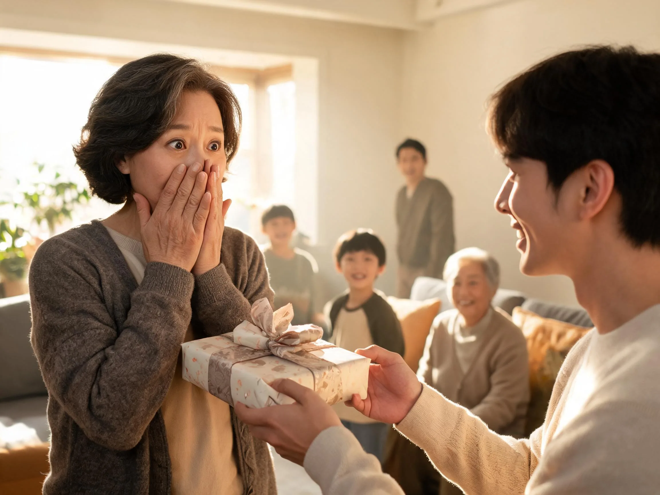 Family member reacts with genuine surprise while receiving an unexpected gift in warm light.