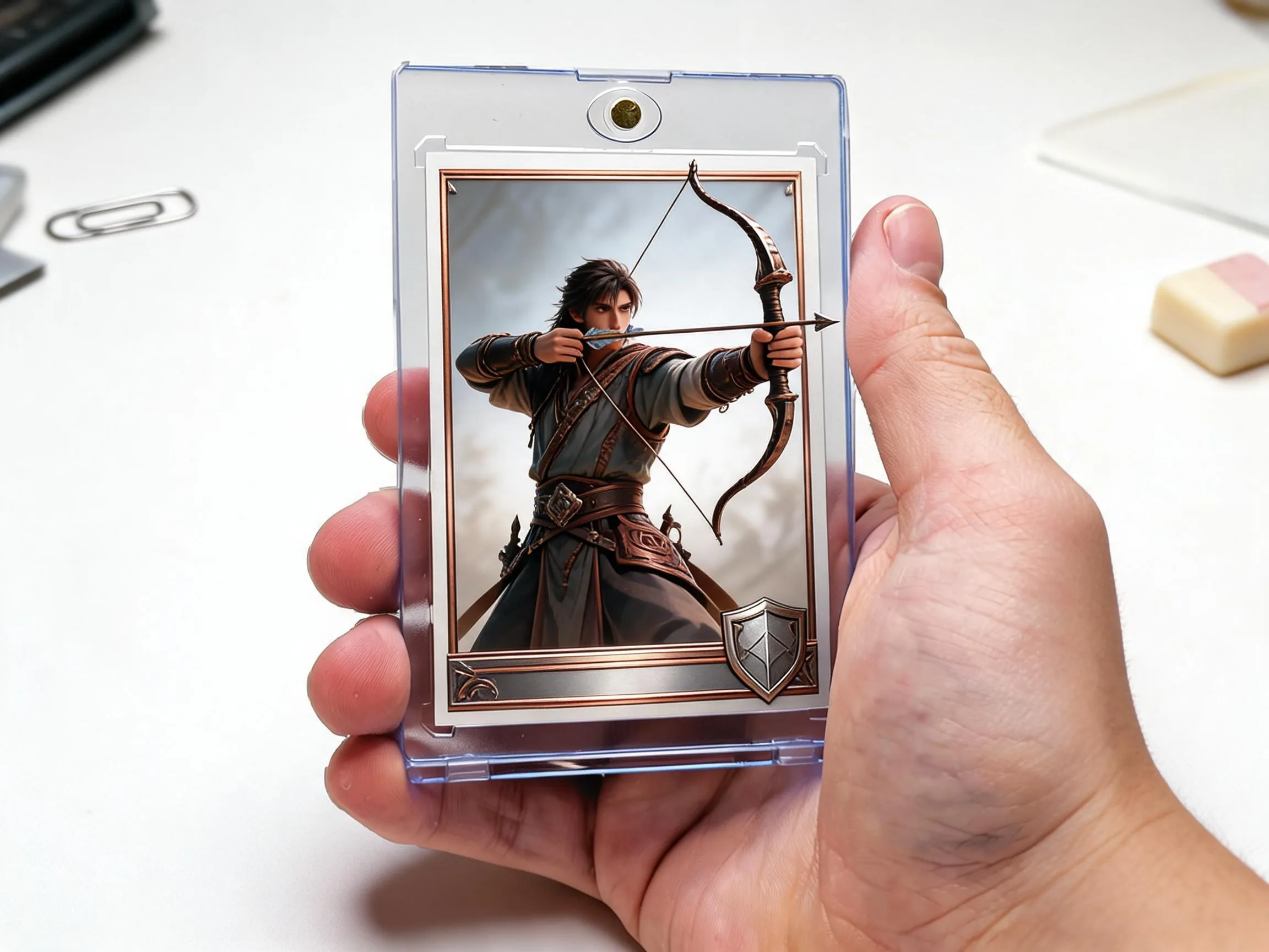 Custom keepsake trading card of an archer in a magnetic display case on white tabletop.
