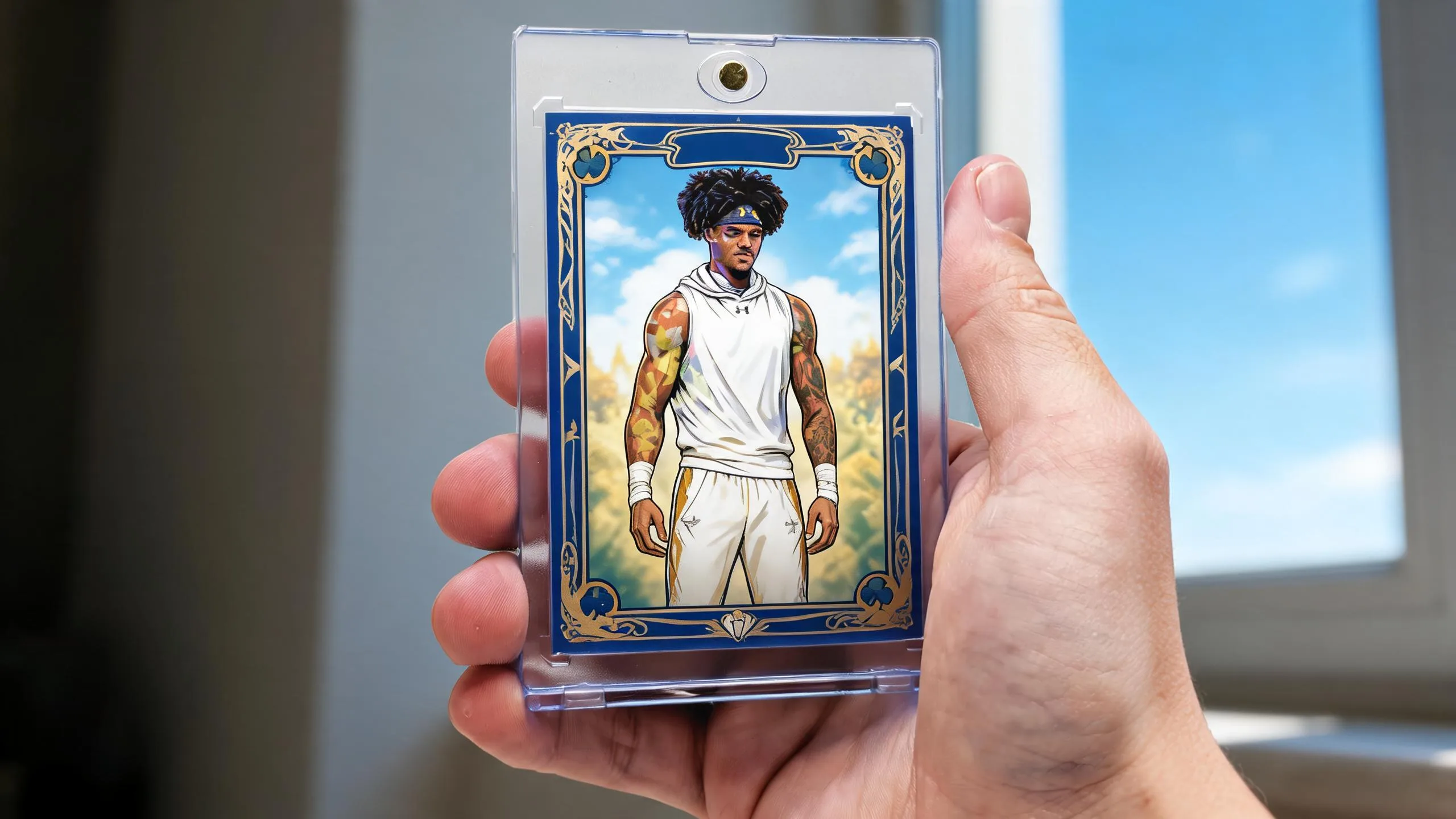 Hand holding a pokemon cards maker magnetic case with an ornate framed illustrated card inside.