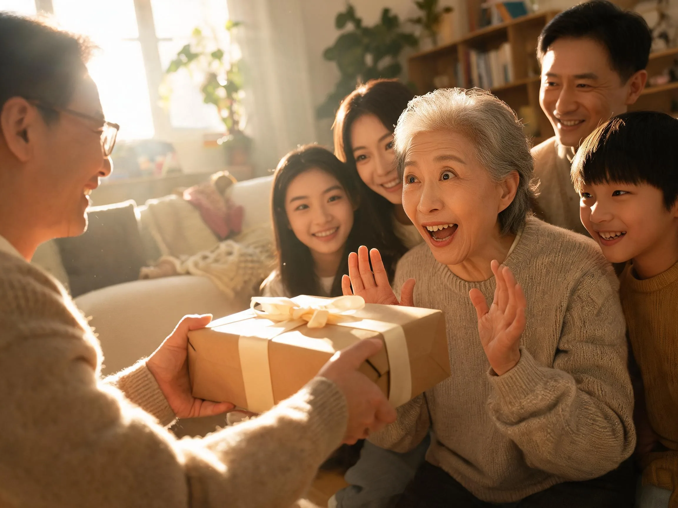 Family member reacting with genuine surprise to an unexpected gift indoors.