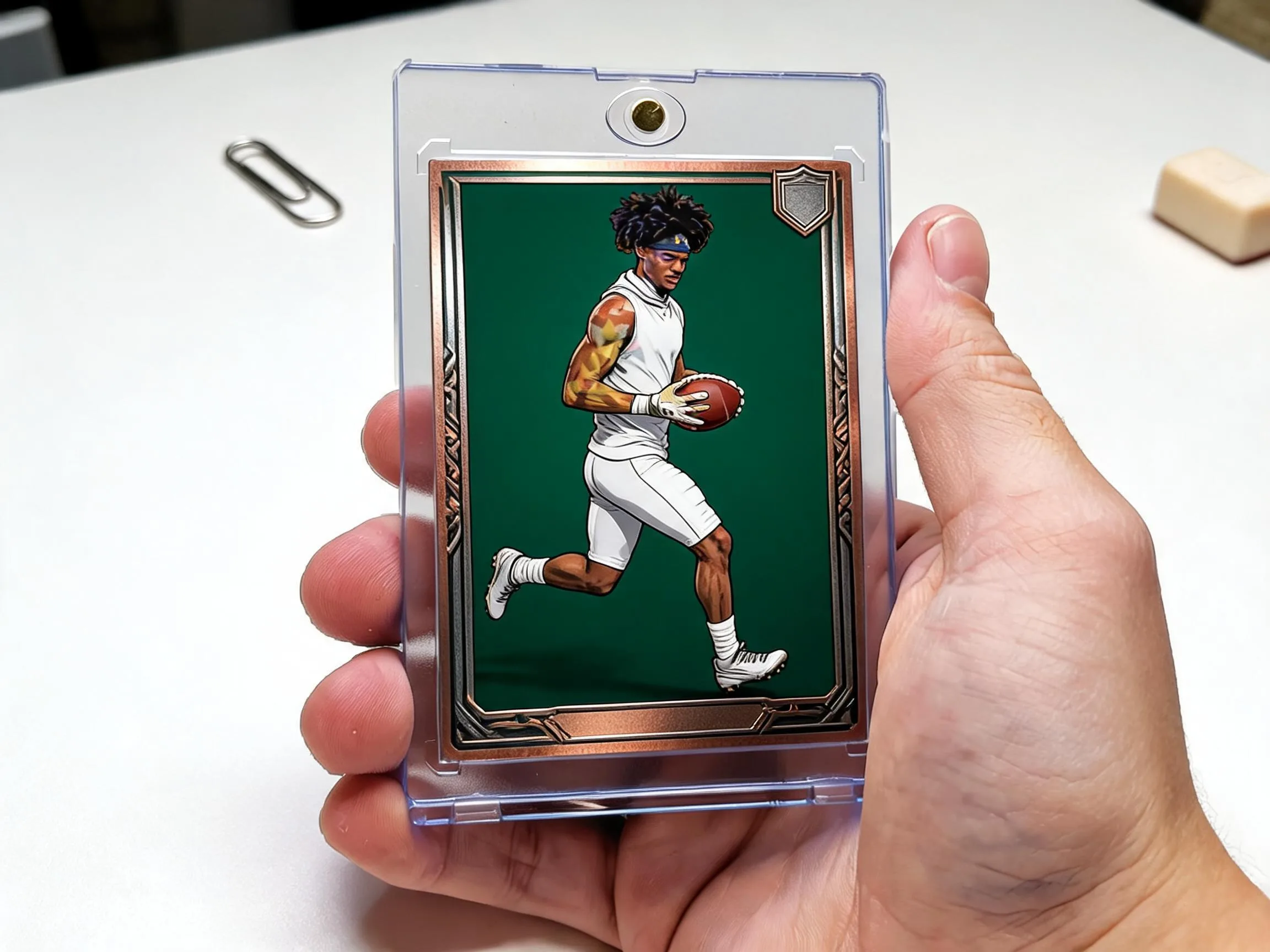 Custom keepsake trading card with metallic border displayed in a magnetic case.