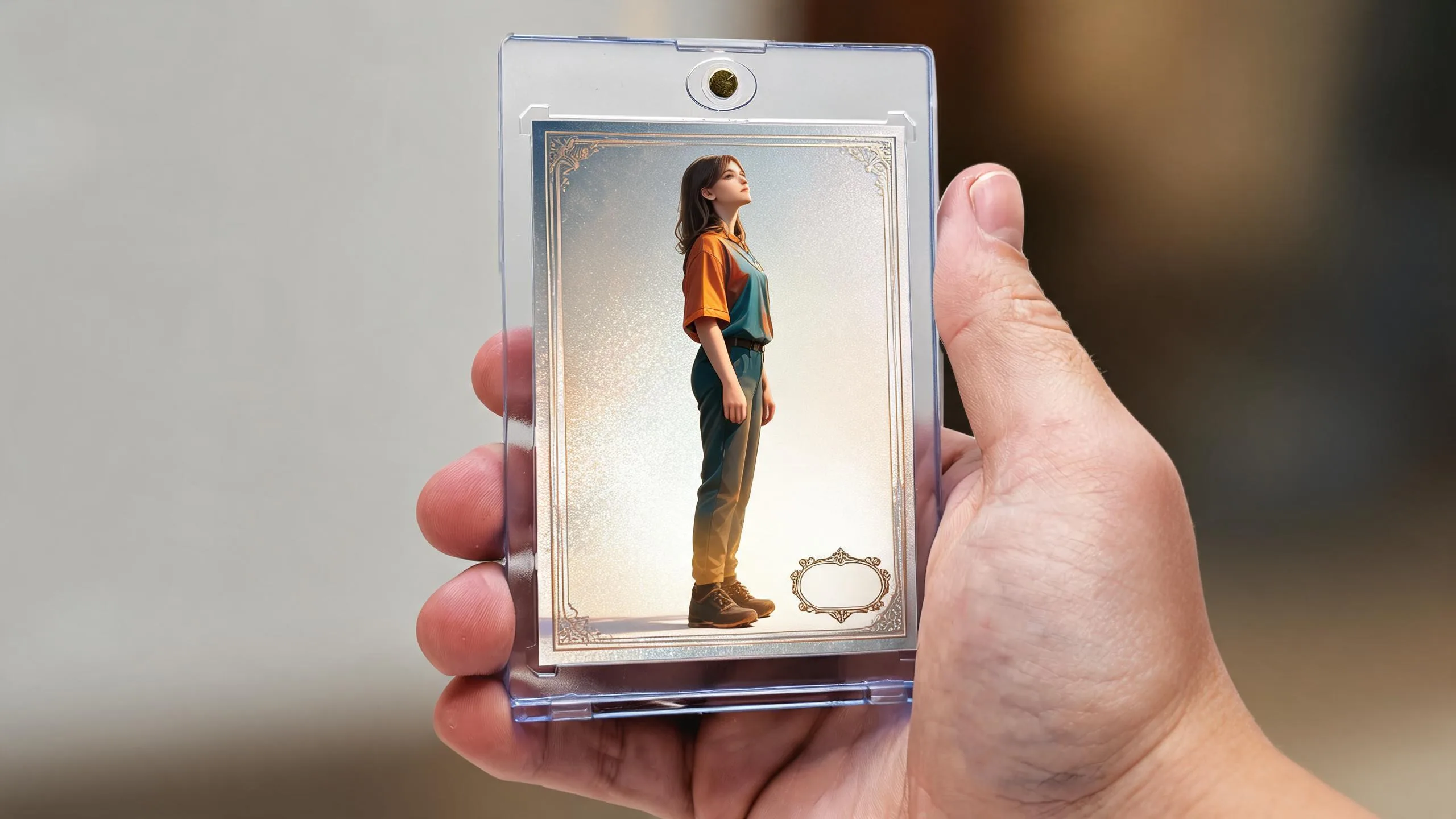 Hand holding magnetic case with holographic pokemon cards printable style illustrated trading card design.